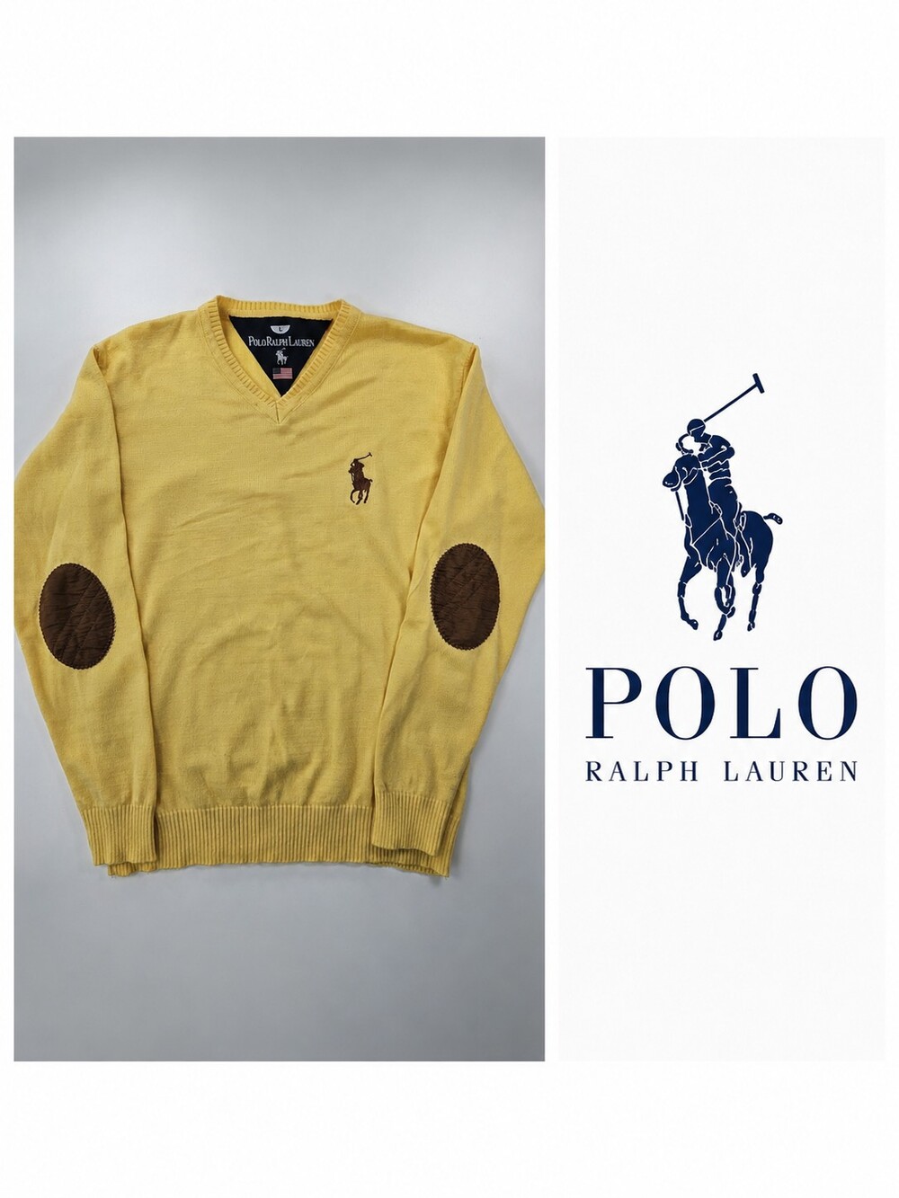 Polo Ralph Lauren Vintage Yellow V-Neck Sweater – Brown Elbow Patches – Size L